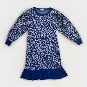 Blue Orchid Small Leopard Print Ruffle Hem Stretch Sweater Dress Blue/ Tan Work
